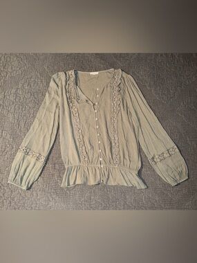 Easel Lace-Trim Button-Down Blouse-Olive Green Women’s Size-L